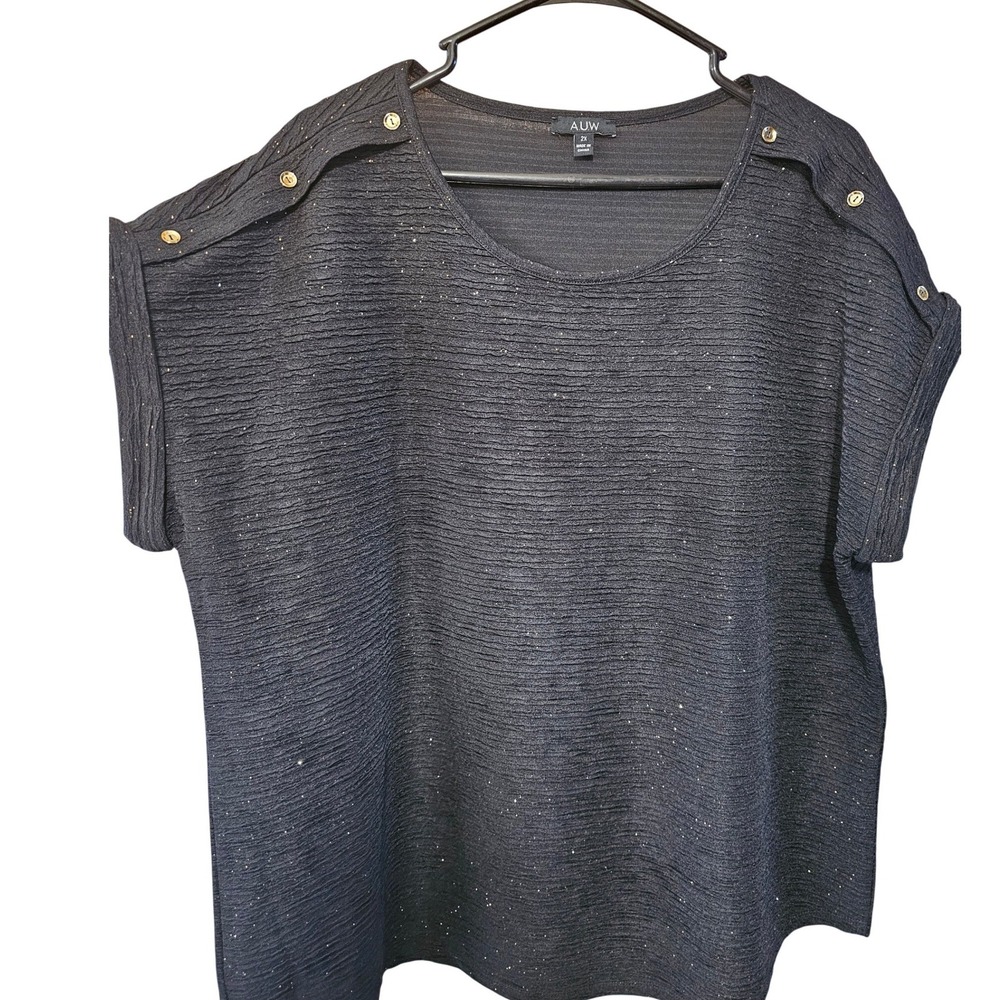 AUW Black Textured Metallic Shimmer Blouse Gold Button Shoulder Womens 2X Top